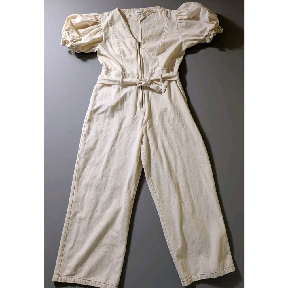 Aureum Cream Puff Sleeve Wide Leg Front Zip Jumpsuit Belted Cotton Denim Size L